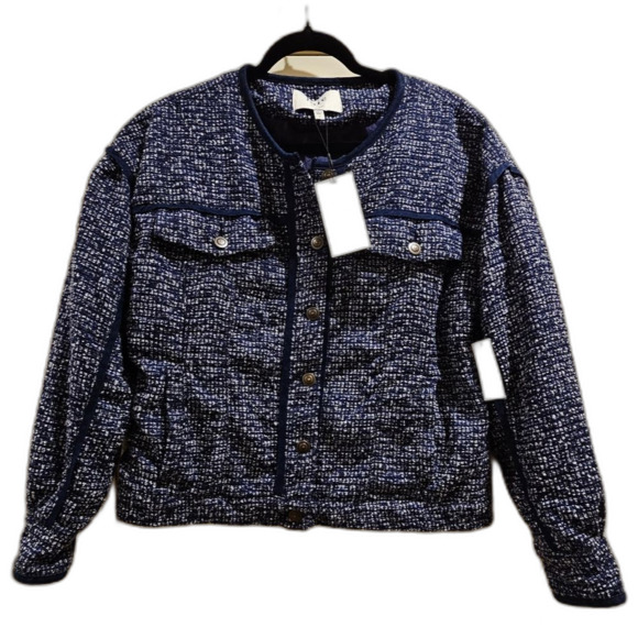 JOIE Womens Navy Pocketed Lined Collarless Cuffed Button Down Jacket Sz 12 NWT - Picture 2 of 7